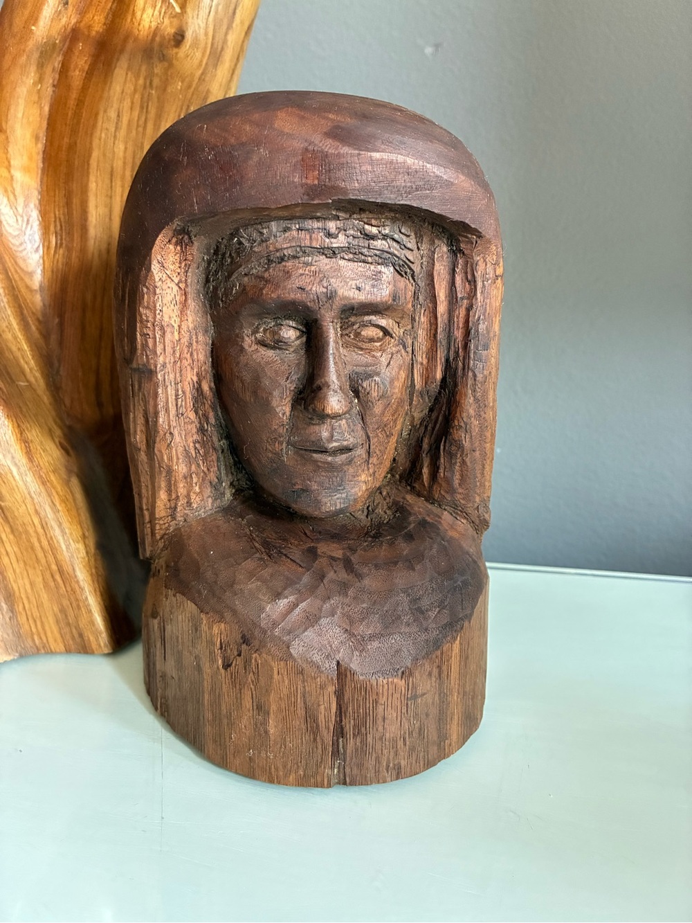 Hand-Carved  Primitive Rustic Wooden Bust Sculpture Head